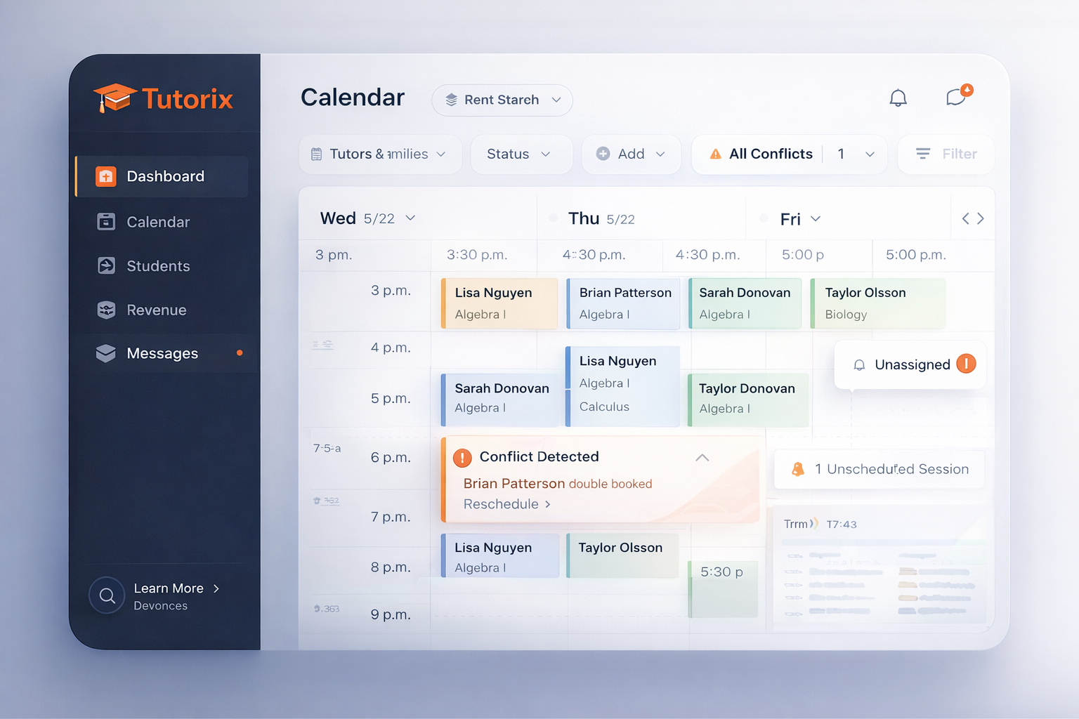Tutorix scheduling interface with conflict alert